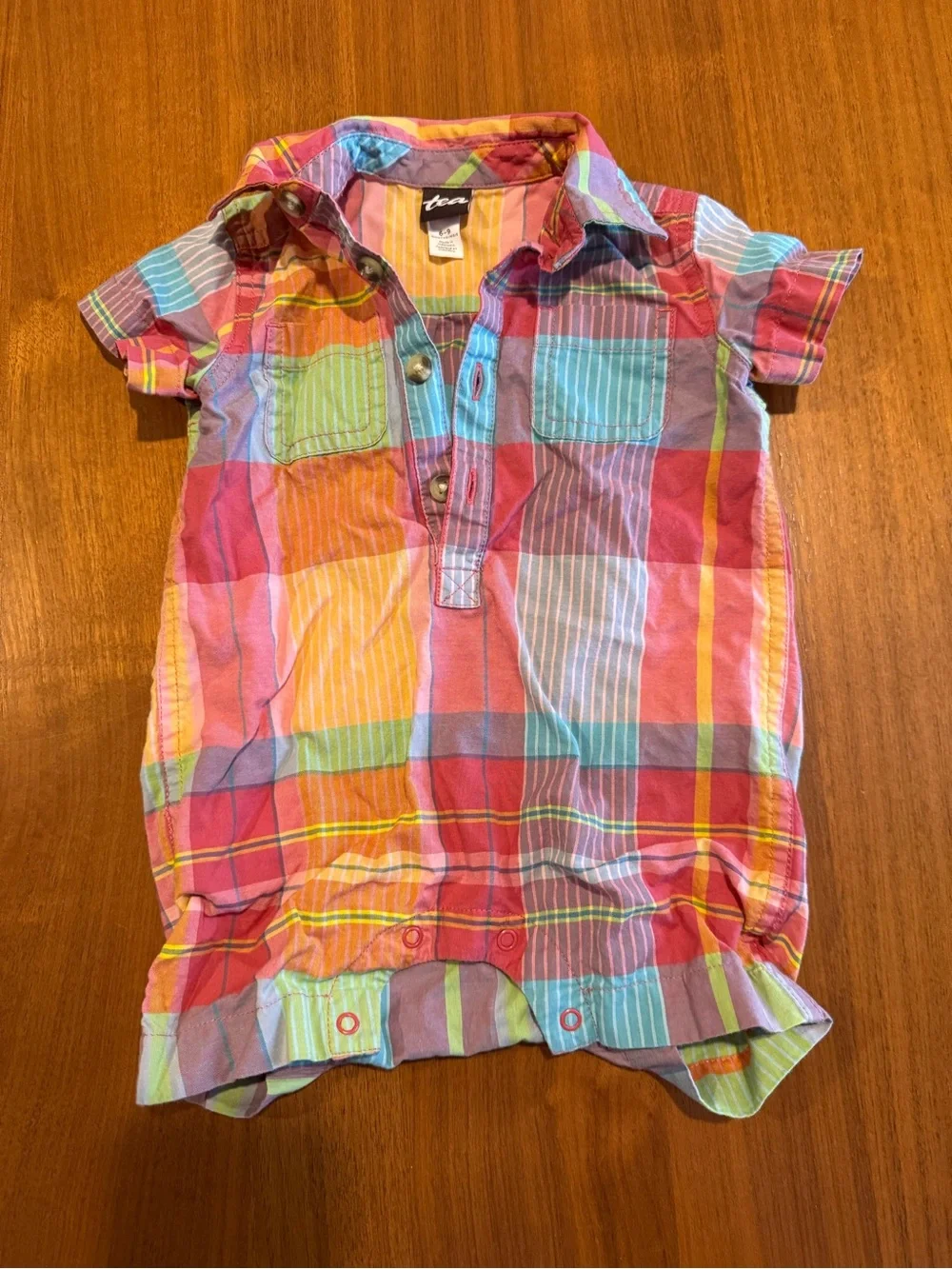 Tea Collection Pink Multi-Color Plaid Button-Front Romper